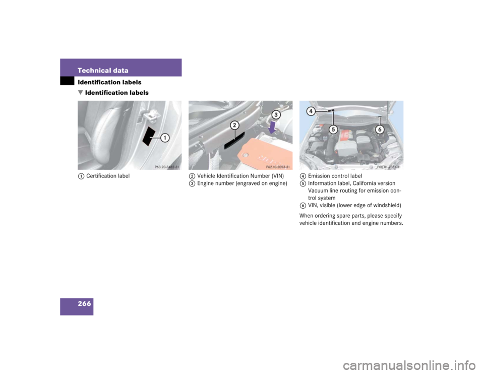 MERCEDES-BENZ SLK CLASS 2004  Owners Manual 266 Technical dataIdentification labels
Identification labels1Certification label2Vehicle Identification Number (VIN)
3Engine number (engraved on engine)4Emission control label
5Information label, Ca