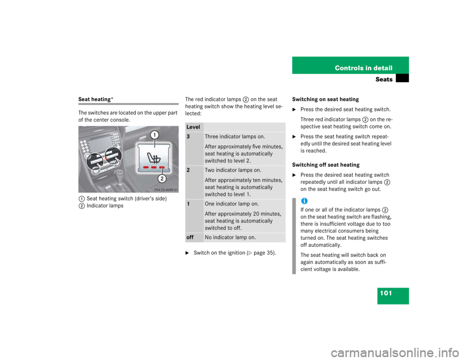 MERCEDES-BENZ SLK CLASS 2005  Owners Manual 101 Controls in detailSeats
Seat heating*
The switches are located on the upper part 
of the center console.
1Seat heating switch (driver’s side)
2Indicator lampsThe red indicator lamps2 on the seat
