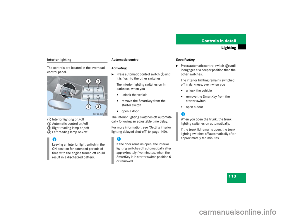 MERCEDES-BENZ SLK CLASS 2005  Owners Manual 113 Controls in detail
Lighting
Interior lighting
The controls are located in the overhead 
control panel.
1Interior lighting on/off
2Automatic control on/off
3Right reading lamp on/off
4Left reading 