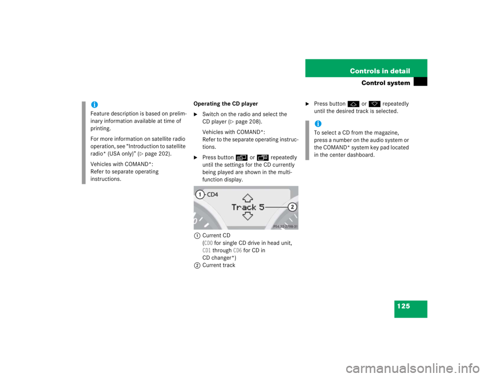 MERCEDES-BENZ SLK CLASS 2005  Owners Manual 125 Controls in detail
Control system
Operating the CD player
Switch on the radio and select the 
CD player (
page 208).
Vehicles with COMAND*:
Refer to the separate operating instruc-
tions.

Pres