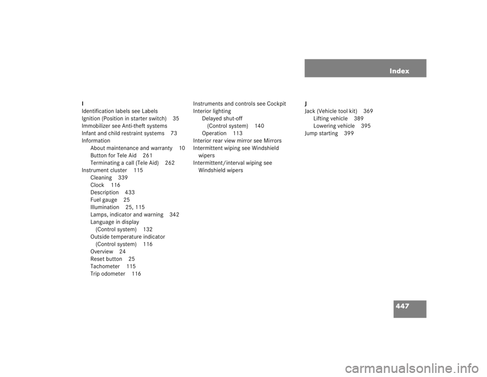 MERCEDES-BENZ SLK CLASS 2005  Owners Manual 447 Index
I
Identification labels see Labels
Ignition (Position in starter switch) 35
Immobilizer see Anti-theft systems
Infant and child restraint systems 73
Information
About maintenance and warrant