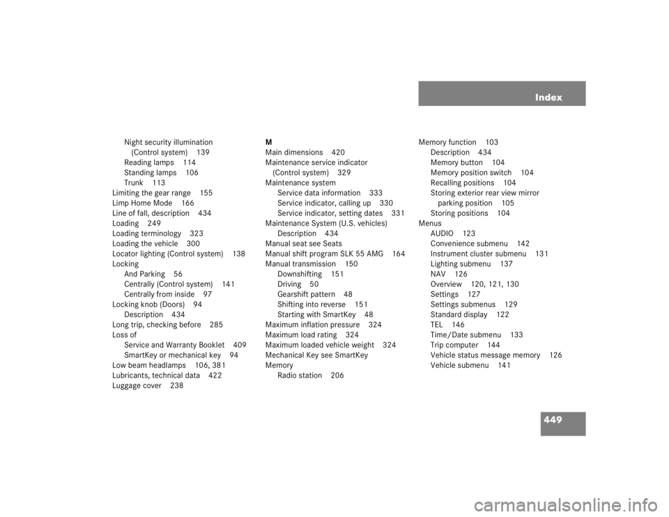 MERCEDES-BENZ SLK CLASS 2005 Owners Guide 449 Index
Night security illumination 
(Control system) 139
Reading lamps 114
Standing lamps 106
Trunk 113
Limiting the gear range 155
Limp Home Mode 166
Line of fall, description 434
Loading 249
Load