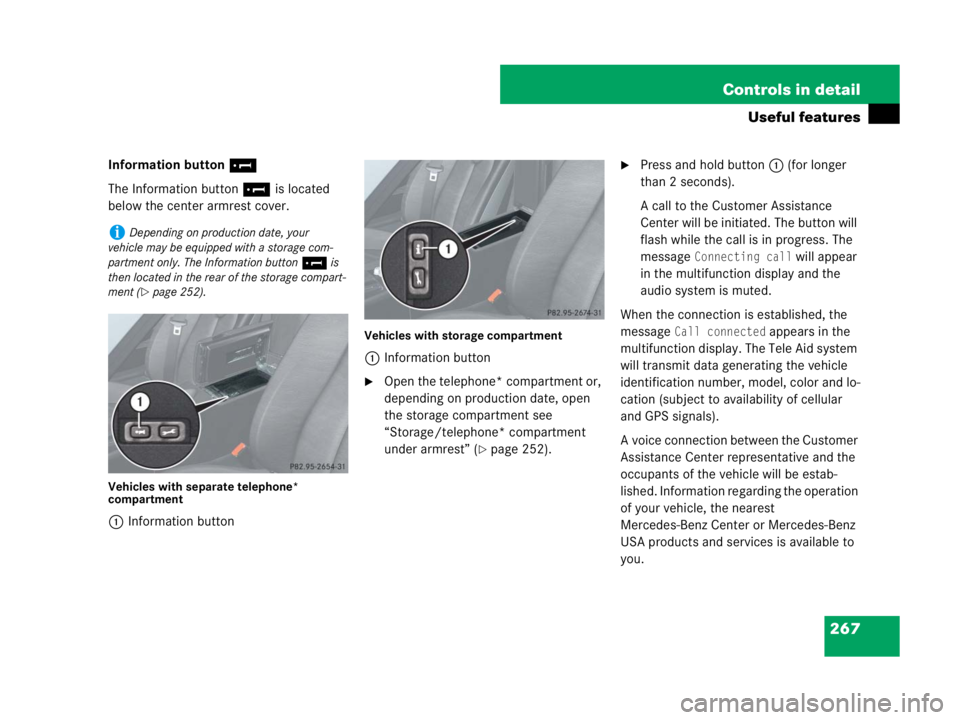 MERCEDES-BENZ SLK CLASS 2007  Owners Manual 267 Controls in detail
Useful features
Information button¡
The Information button¡ is located 
below the center armrest cover.
Vehicles with separate telephone* 
compartment
1Information button
Vehi