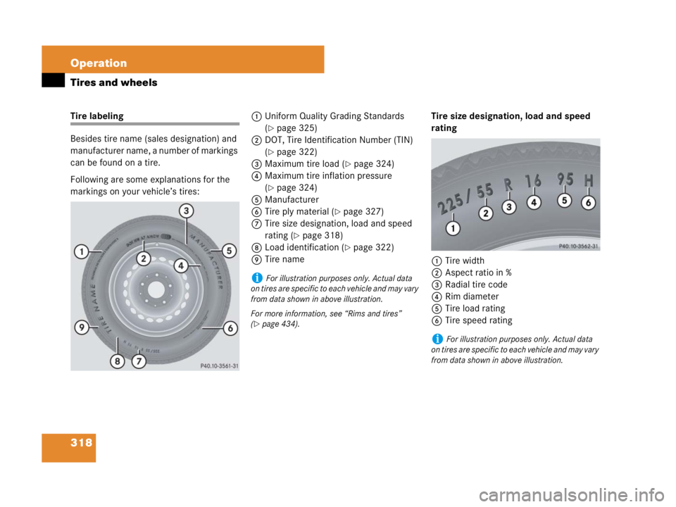 MERCEDES-BENZ SLK CLASS 2007  Owners Manual 318 Operation
Tires and wheels
Tire labeling
Besides tire name (sales designation) and 
manufacturer name, a number of markings 
can be found on a tire.
Following are some explanations for the 
markin