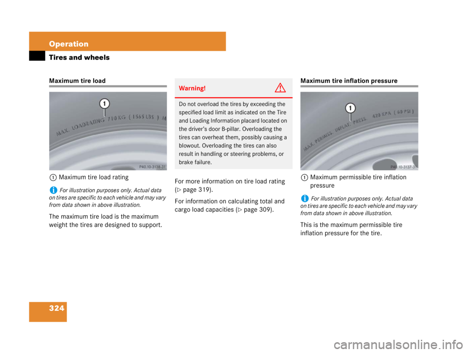 MERCEDES-BENZ SLK CLASS 2007  Owners Manual 324 Operation
Tires and wheels
Maximum tire load
1Maximum tire load rating
The maximum tire load is the maximum 
weight the tires are designed to support.For more information on tire load rating 
(
p