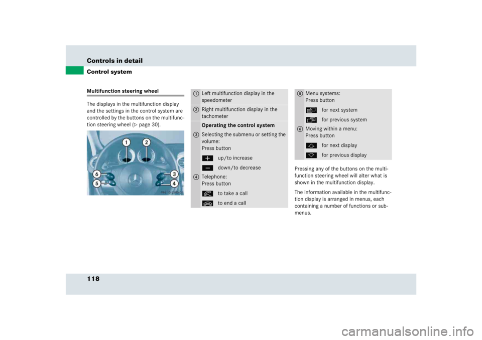 MERCEDES-BENZ SLR CLASS 2005  Owners Manual 118 Controls in detailControl systemMultifunction steering wheel
The displays in the multifunction display 
and the settings in the control system are 
controlled by the buttons on the multifunc-
tion