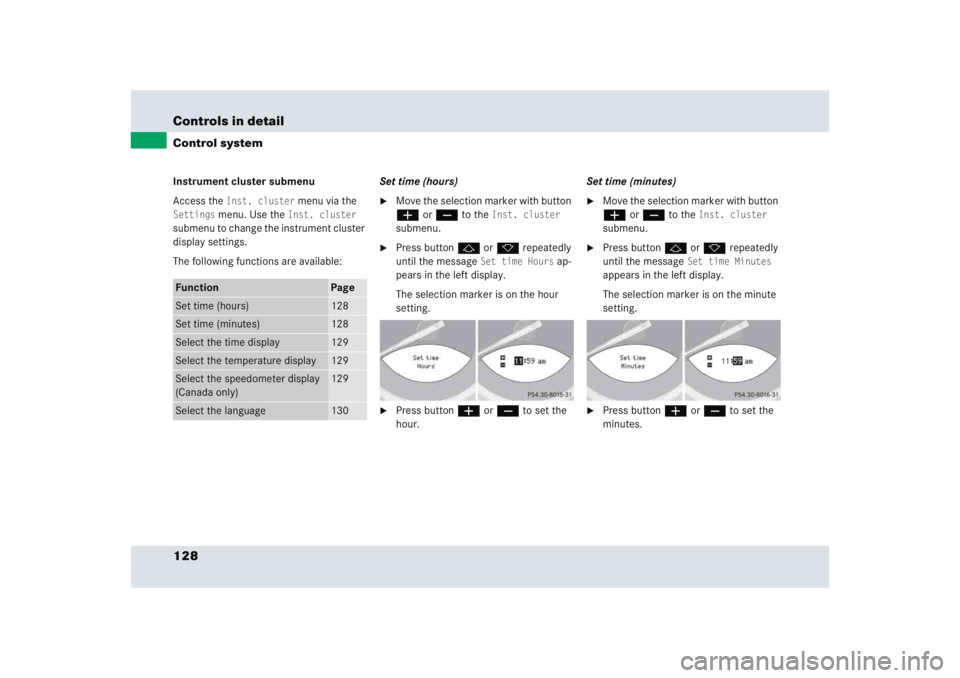 MERCEDES-BENZ SLR CLASS 2005  Owners Manual 128 Controls in detailControl systemInstrument cluster submenu
Access the 
Inst. cluster
 menu via the 
Settings
 menu. Use the 
Inst. cluster
 
submenu to change the instrument cluster 
display setti