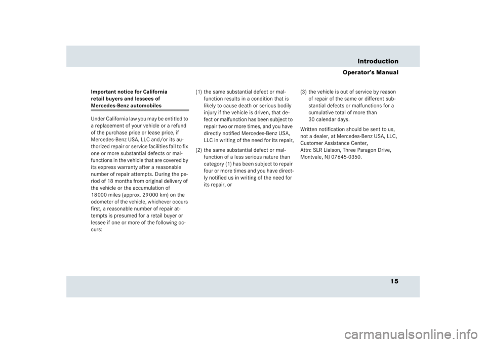 MERCEDES-BENZ SLR CLASS 2005 User Guide 15 Introduction
Operator’s Manual
Important notice for California 
retail buyers and lessees of Mercedes-Benz automobiles
Under California law you may be entitled to 
a replacement of your vehicle o