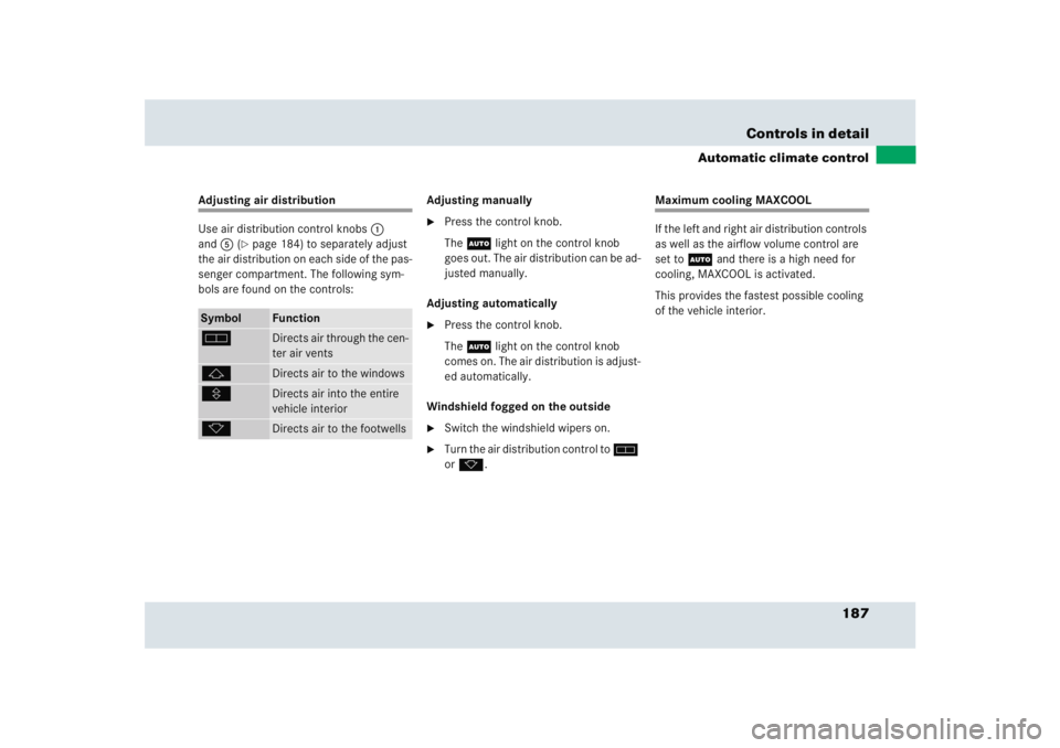 MERCEDES-BENZ SLR CLASS 2005  Owners Manual 187 Controls in detail
Automatic climate control
Adjusting air distribution
Use air distribution control knobs1 
and5 (
page 184) to separately adjust 
the air distribution on each side of the pas-
s