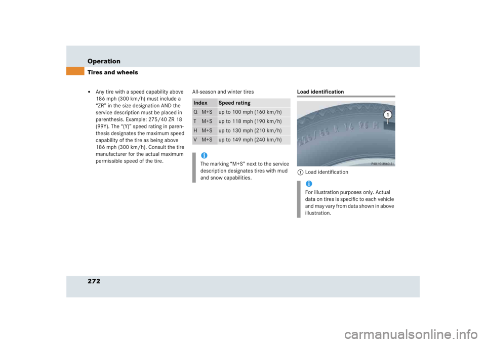 MERCEDES-BENZ SLR CLASS 2005  Owners Manual 272 OperationTires and wheels
Any tire with a speed capability above 
186 mph (300 km/h) must include a 
“ZR” in the size designation AND the 
service description must be placed in 
parenthesis. 