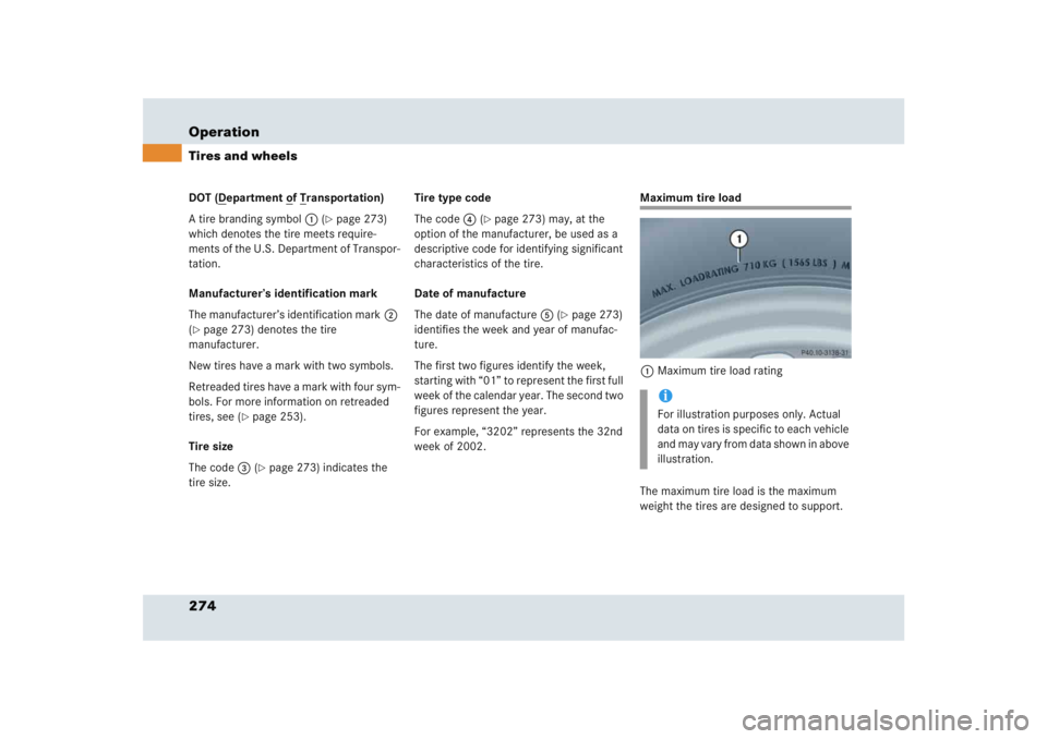 MERCEDES-BENZ SLR CLASS 2005  Owners Manual 274 OperationTires and wheelsDOT (D
epartment o
f T
ransportation)
A tire branding symbol1 (
page 273) 
which denotes the tire meets require-
ments of the U.S. Department of Transpor-
tation. 
Manufa