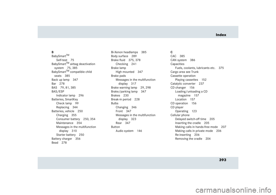 MERCEDES-BENZ SLR CLASS 2005  Owners Manual 393 Index
B
BabySmart
TM
Self-test 75
BabySmart
TM airbag deactivation 
system 75, 385
BabySmartTM compatible child 
seats 385
Back up lamp 347
Bar 278
BAS 79, 81, 385
BAS/ESP
Indicator lamp 296
Batte