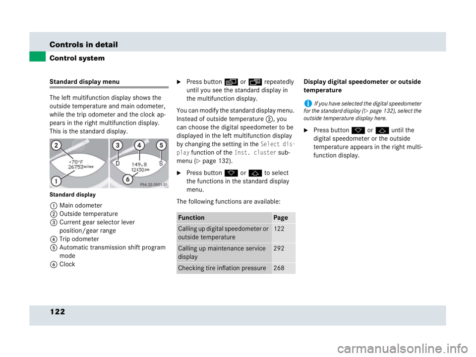 MERCEDES-BENZ SLR CLASS 2007  Owners Manual 122 Controls in detail
Control system
Standard display menu
The left multifunction display shows the 
outside temperature and main odometer, 
while the trip odometer and the clock ap-
pears in the rig
