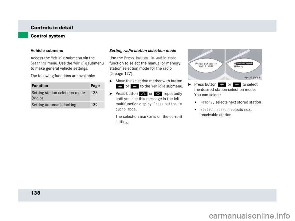 MERCEDES-BENZ SLR CLASS 2007  Owners Manual 138 Controls in detail
Control system
Vehicle submenu
Access the 
Vehicle submenu via the 
Settings menu. Use the Vehicle submenu 
to make general vehicle settings. 
The following functions are availa