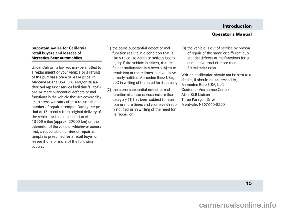 MERCEDES-BENZ SLR CLASS 2007 User Guide 15 Introduction
Operator’s Manual
Important notice for California 
retail buyers and lessees of 
Mercedes-Benz automobiles
Under California law you may be entitled to 
a replacement of your vehicle 