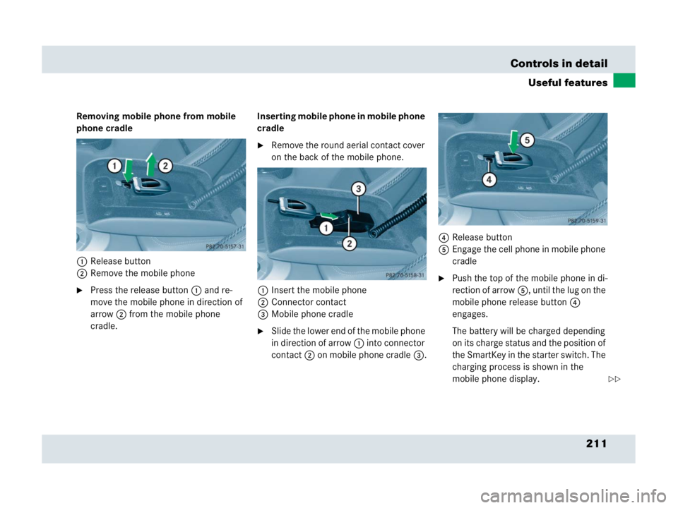 MERCEDES-BENZ SLR CLASS 2007  Owners Manual 211 Controls in detail
Useful features
Removing mobile phone from mobile 
phone cradle
1Release button
2Remove the mobile phone
Press the release button1 and re-
move the mobile phone in direction of