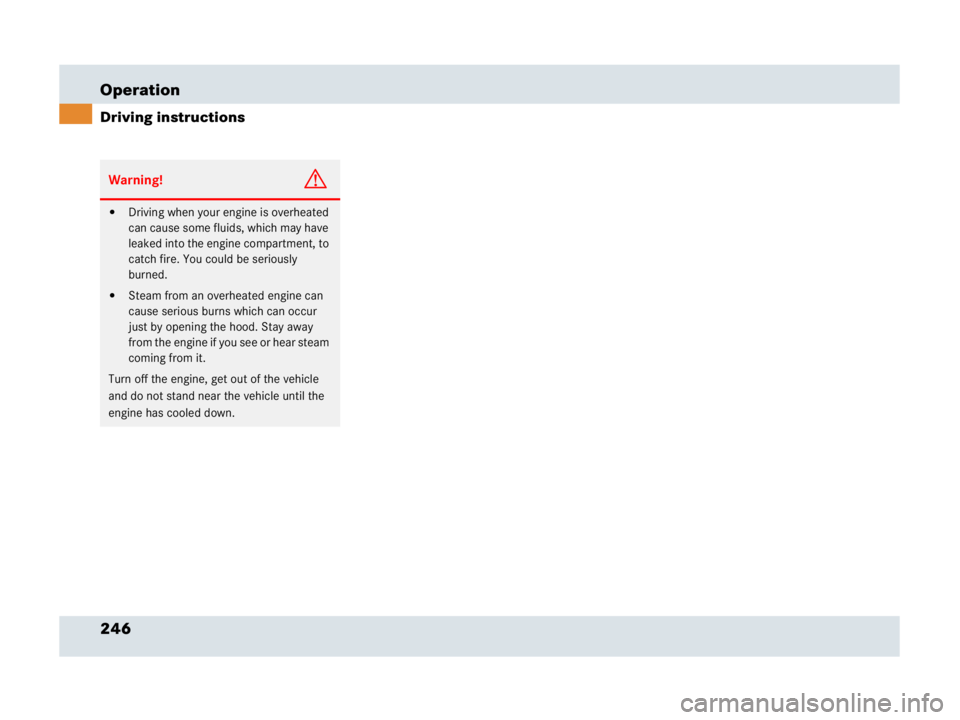 MERCEDES-BENZ SLR CLASS 2007  Owners Manual 246 Operation
Driving instructions
Warning!G
Driving when your engine is overheated 
can cause some fluids, which may have 
leaked into the engine compartment, to 
catch fire. You could be seriously 