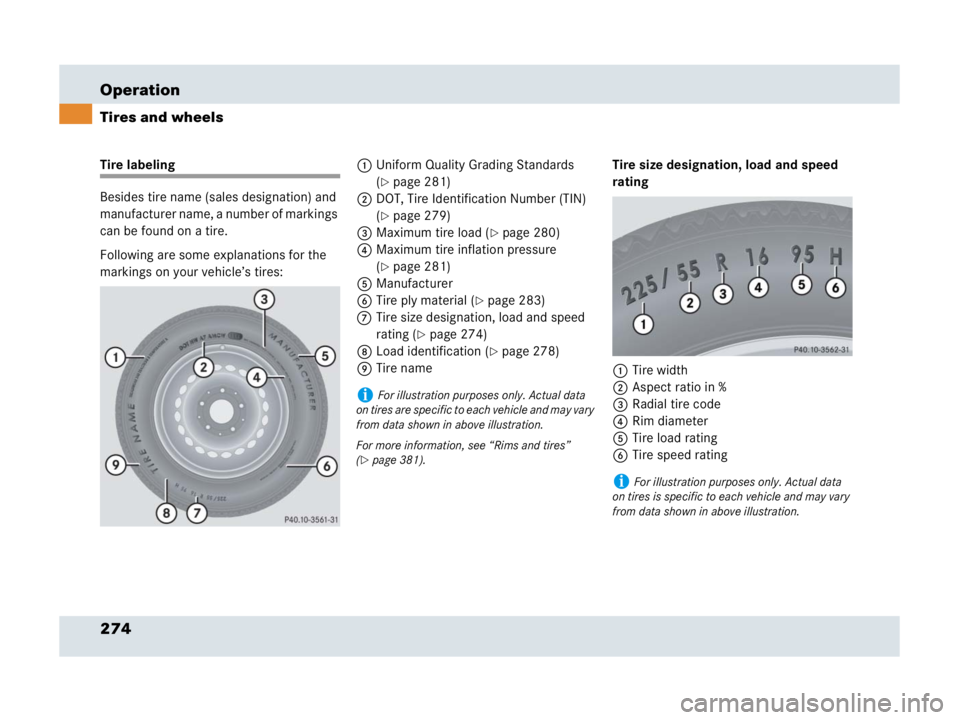 MERCEDES-BENZ SLR CLASS 2007  Owners Manual 274 Operation
Tires and wheels
Tire labeling
Besides tire name (sales designation) and 
manufacturer name, a number of markings 
can be found on a tire.
Following are some explanations for the 
markin