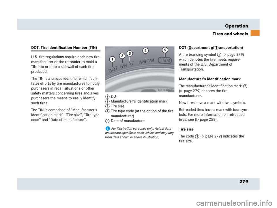 MERCEDES-BENZ SLR CLASS 2007  Owners Manual 279 Operation
Tires and wheels
DOT, Tire Identification Number (TIN)
U.S. tire regulations require each new tire 
manufacturer or tire retreader to mold a 
TIN into or onto a sidewall of each tire 
pr