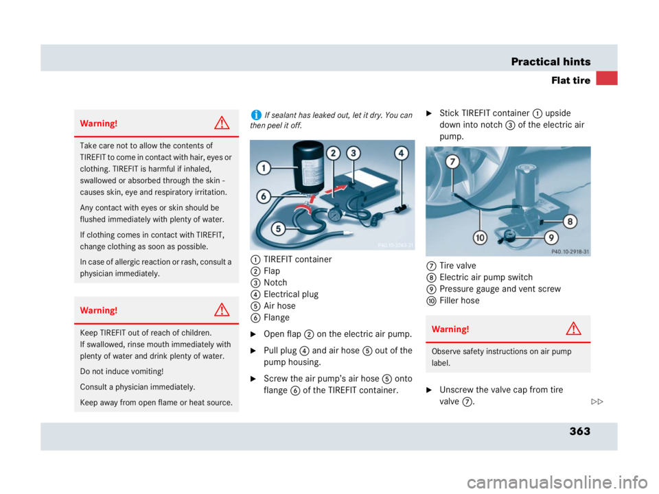 MERCEDES-BENZ SLR CLASS 2007  Owners Manual 363 Practical hints
Flat tire
1TIREFIT container
2Flap
3Notch
4Electrical plug
5Air hose
6Flange
Open flap 2 on the electric air pump.
Pull plug4 and air hose5 out of the 
pump housing.
Screw the a