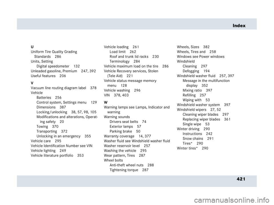 MERCEDES-BENZ SLR CLASS 2007  Owners Manual 421 Index
U
Uniform Tire Quality Grading 
Standards 286
Units, Setting
Digital speedometer 132
Unleaded gasoline, Premium 247, 392
Useful features 206
V
Vacuum line routing diagram label 378
Vehicle
B