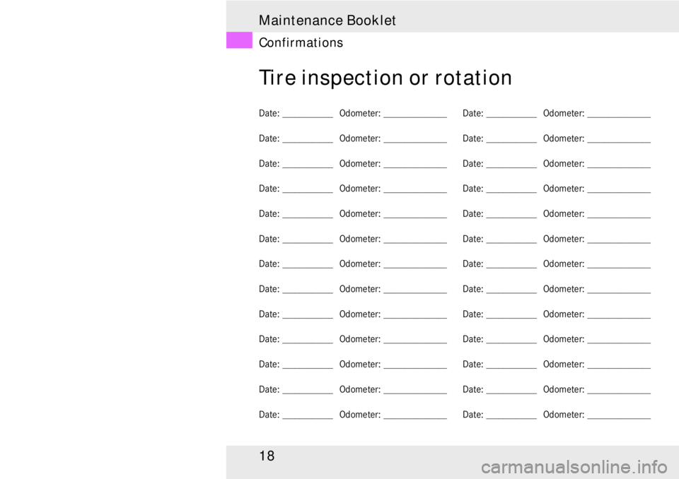 MERCEDES-BENZ SLR CLASS 2008 User Guide Maintenance Booklet
18
Confirmations
Tire inspection or rotation
Date: ____________   Odometer: _______________
Date: ____________   Odometer: _______________
Date: ____________   Odometer: __________