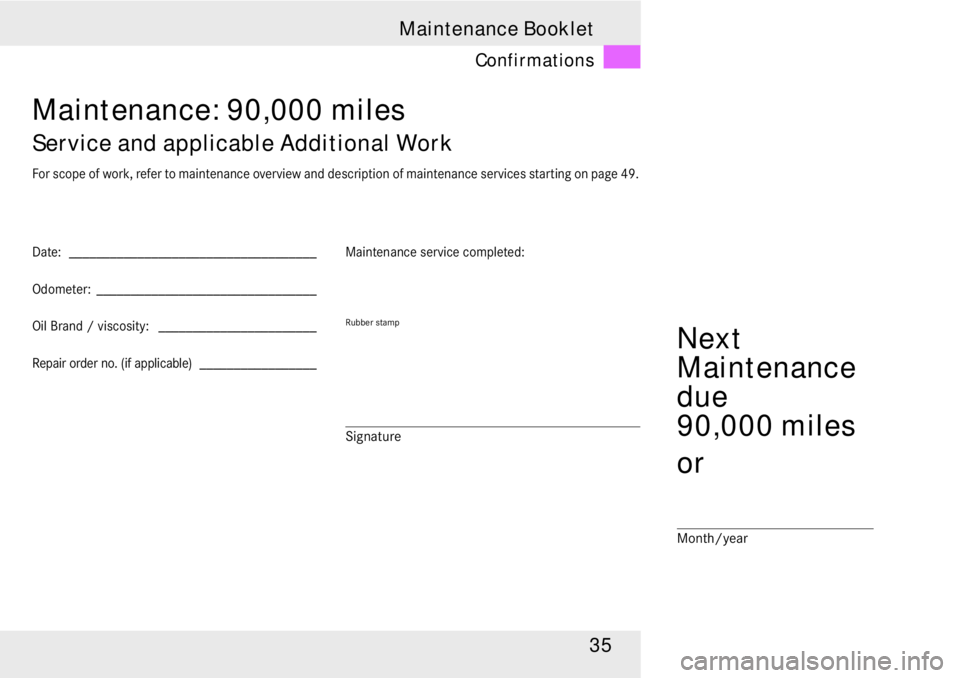MERCEDES-BENZ SLR CLASS 2008 Owners Guide 35 Maintenance Booklet
Confirmations
Next
Maintenance
due
90,000 miles
or
Month/year
Date: ____________________________________
Odometer: ________________________________
Oil Brand / viscosity: _____ MERCEDES-BENZ SLR CLASS 2008 Owners Guide 35 Maintenance Booklet
Confirmations
Next
Maintenance
due
90,000 miles
or
Month/year
Date: ____________________________________
Odometer: ________________________________
Oil Brand / viscosity: _____