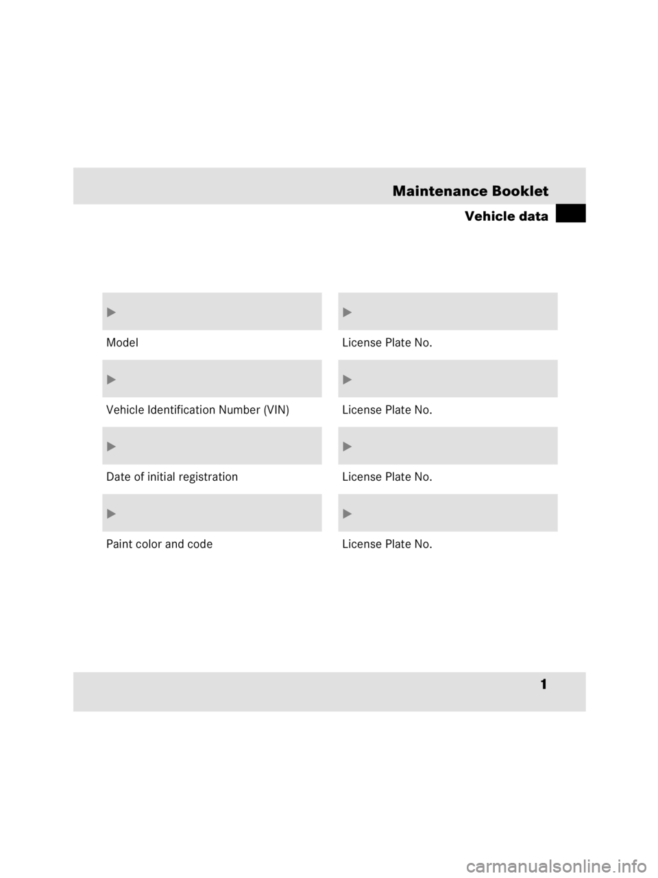 MERCEDES-BENZ SLR CLASS 2009  Owners Manual 1 Maintenance Booklet
Vehicle data

Model
Vehicle Identification Number (VIN)
Date of initial registration
Paint color and code

License Plate No.
License Plate No.
License Plate No.
License P