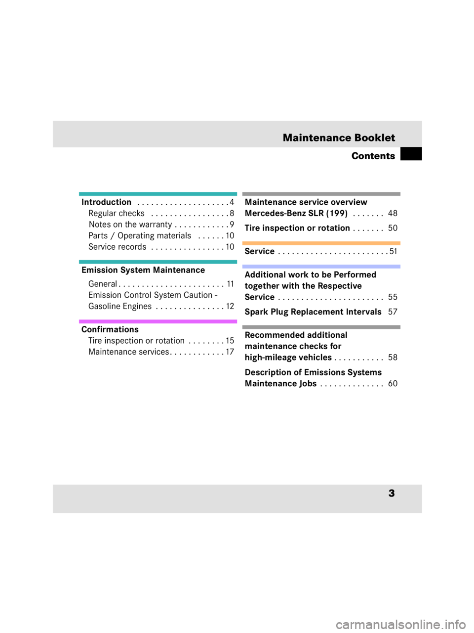 MERCEDES-BENZ SLR CLASS 2009  Owners Manual 3 Maintenance Booklet
 Introduction  . . . . . . . . . . . . . . . . . . . . 4
Regular checks   . . . . . . . . . . . . . . . . . 8
Notes on the warranty . . . . . . . . . . . . 9
Parts / Operating ma