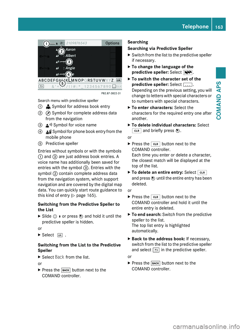 MERCEDES-BENZ SLS AMG 2011  Owners Manual Search menu with predictive speller
1 ¥ Symbol for address book entry2 ¤ Symbol for complete address data
from the navigation
3 ¦ Symbol for voice name4 å Symbol for phone book entry from the
mobi
