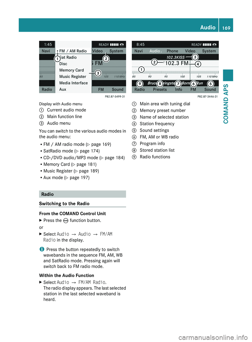 MERCEDES-BENZ SLS AMG 2011  Owners Manual Display with Audio menu
1 Current audio mode2 Main function line3 Audio menu
You can switch to the various audio modes in
the audio menu:
RFM / AM radio mode (Y page 169)
RSatRadio mode (Y page 174)
R
