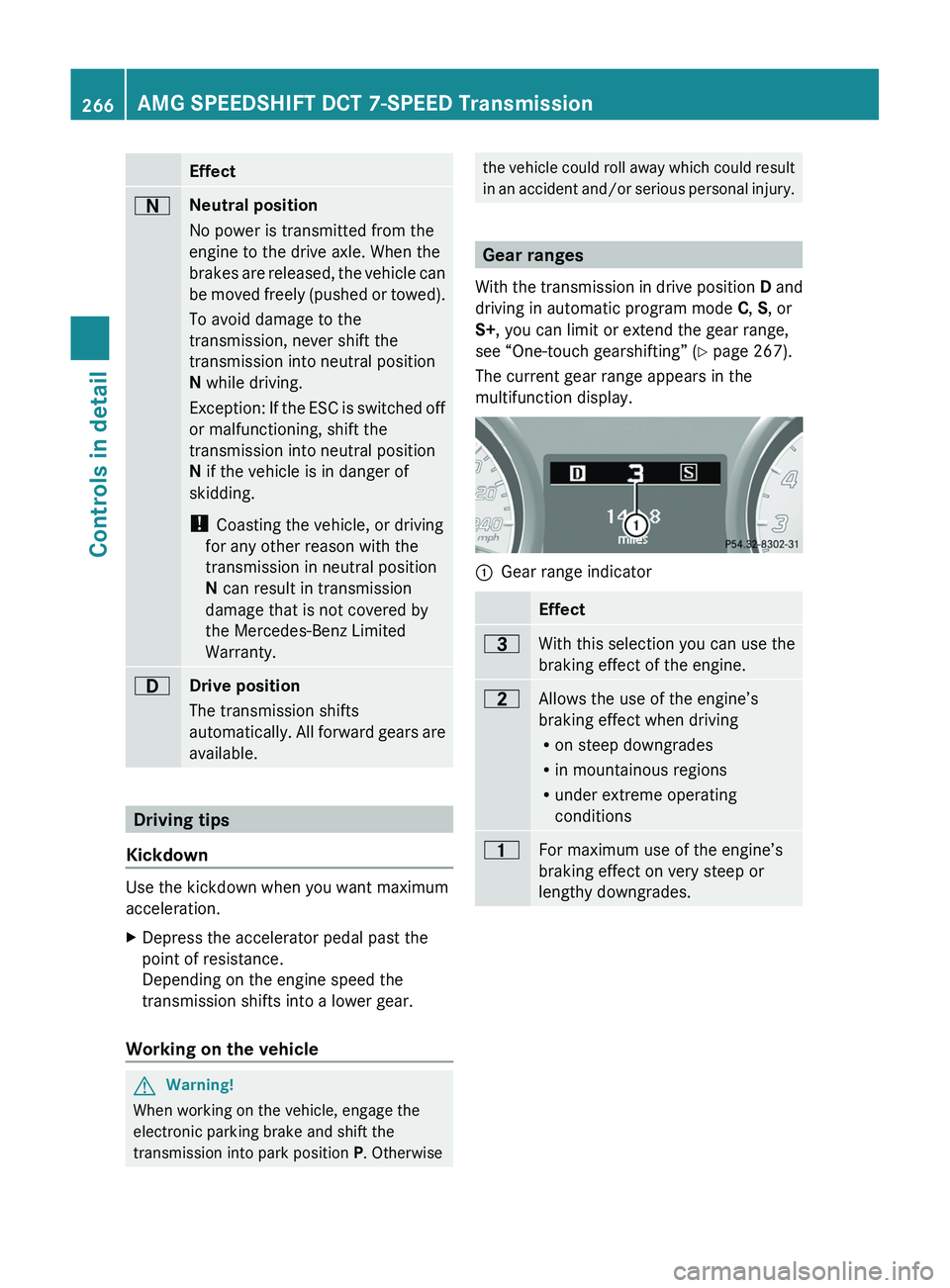 MERCEDES-BENZ SLS AMG 2011 Owners Manual Effect0044Neutral position
No power is transmitted from the
engine to the drive axle. When the
brakes are released, the vehicle can
be moved freely (pushed or towed).
To avoid damage to the
transmissi MERCEDES-BENZ SLS AMG 2011 Owners Manual Effect0044Neutral position
No power is transmitted from the
engine to the drive axle. When the
brakes are released, the vehicle can
be moved freely (pushed or towed).
To avoid damage to the
transmissi