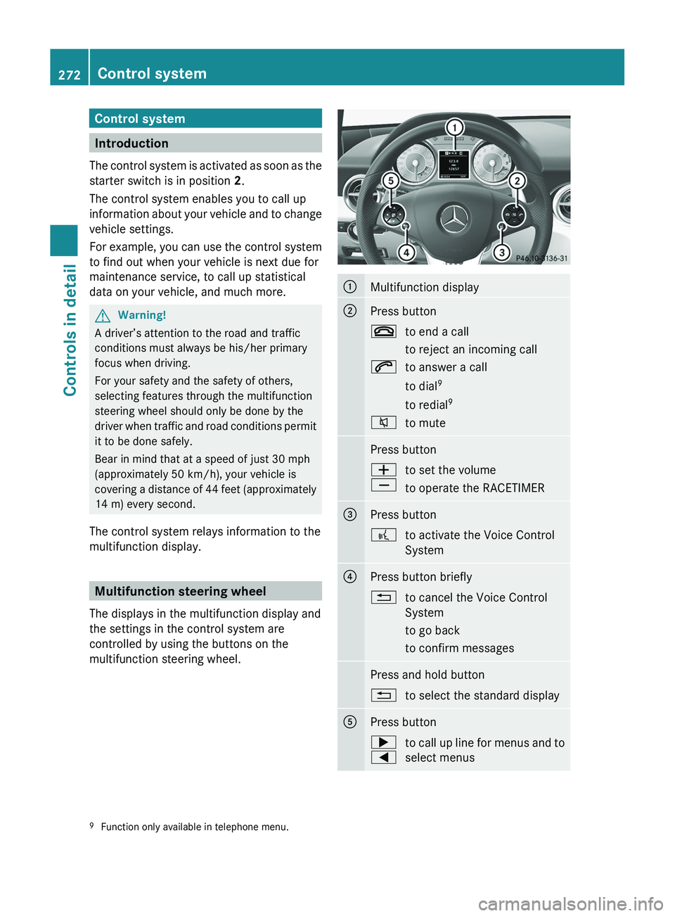 MERCEDES-BENZ SLS AMG 2011 Owners Manual Control system
Introduction
The control system is activated as soon as the
starter switch is in position 2.
The control system enables you to call up
information about your vehicle and to change
vehi MERCEDES-BENZ SLS AMG 2011 Owners Manual Control system
Introduction
The control system is activated as soon as the
starter switch is in position 2.
The control system enables you to call up
information about your vehicle and to change
vehi
