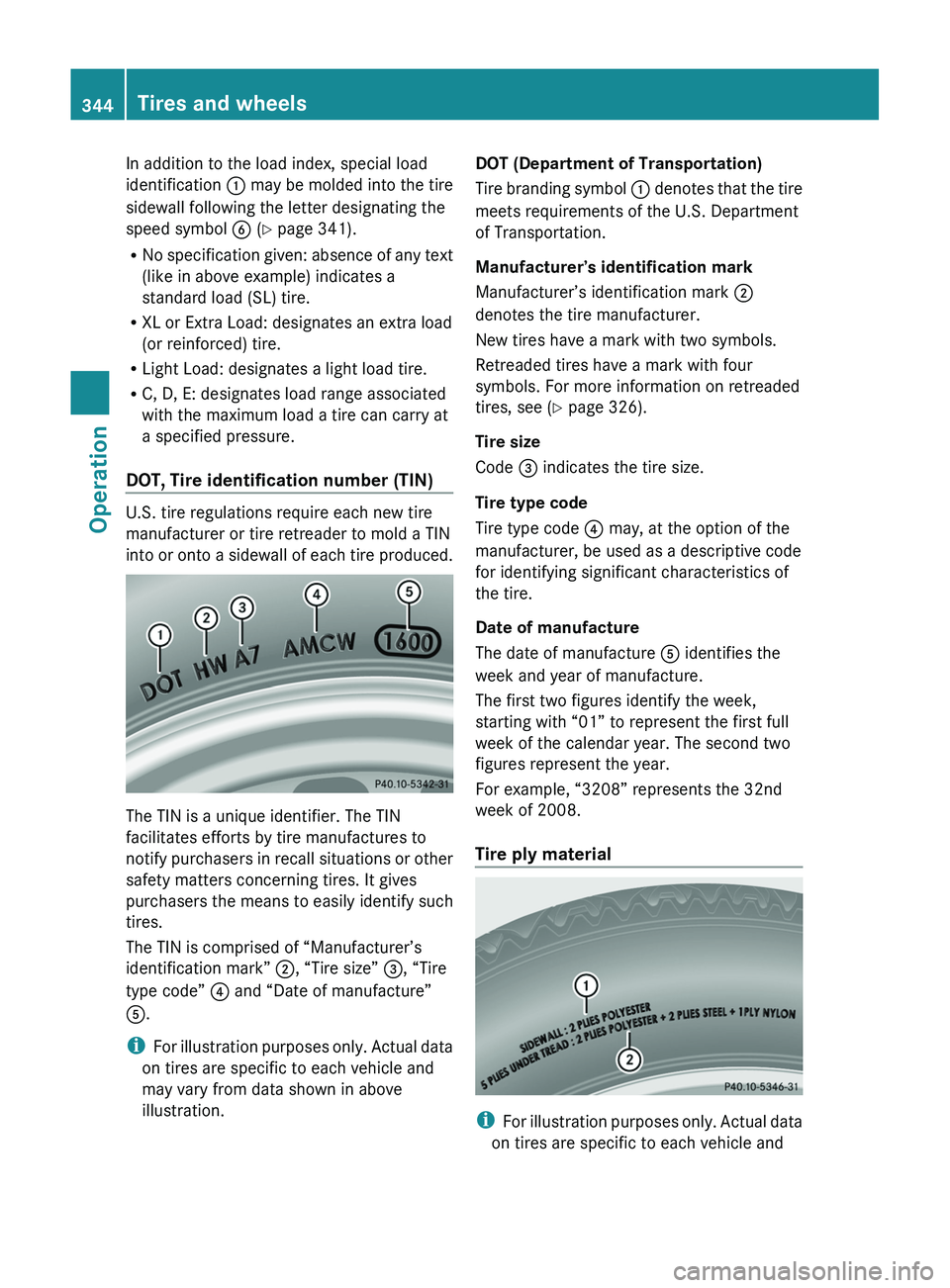 MERCEDES-BENZ SLS AMG 2011  Owners Manual In addition to the load index, special load
identification  0046 may be molded into the tire
sidewall following the letter designating the
speed symbol  0087 (Y  page 341).
R No specification given: a