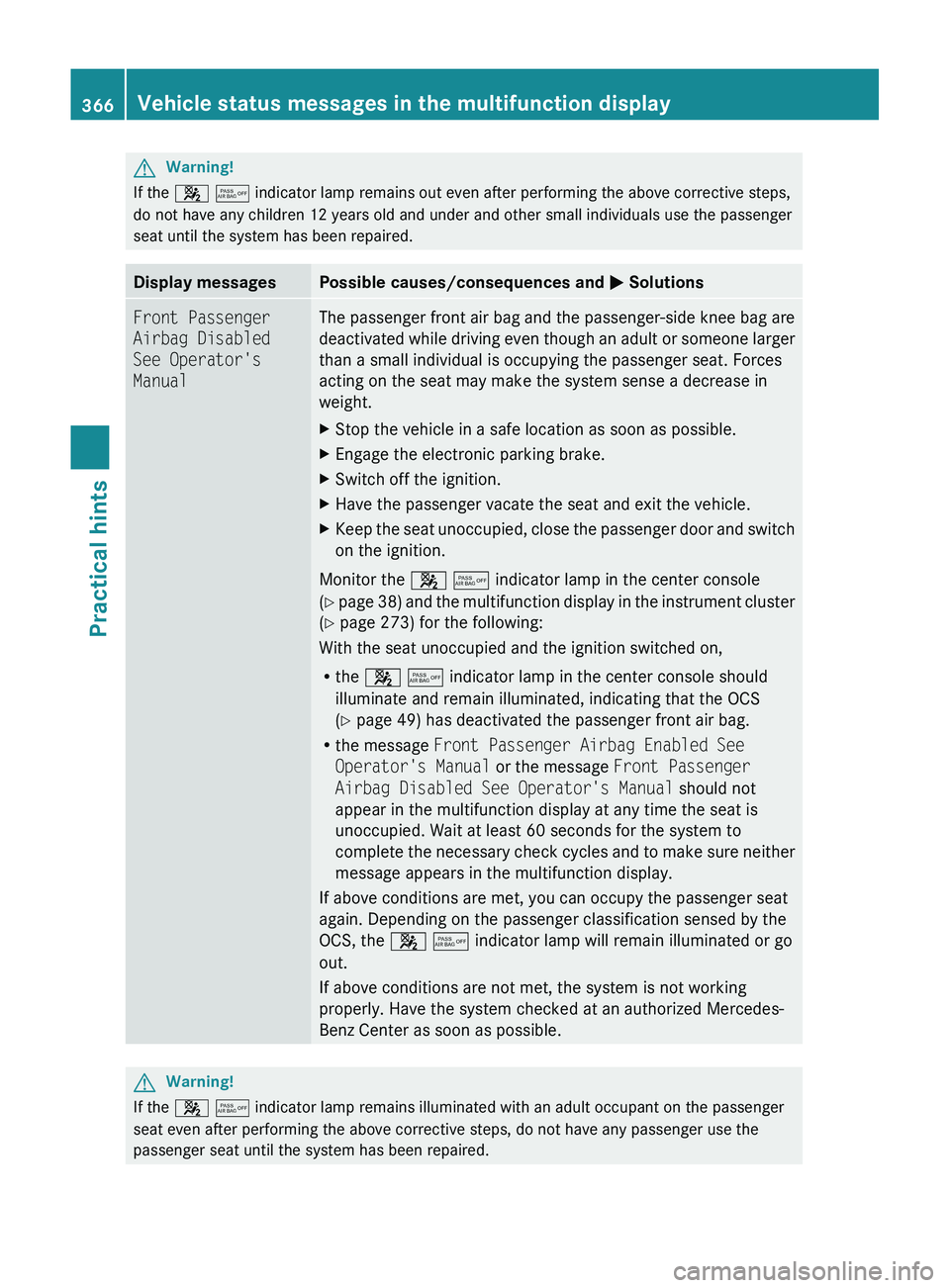 MERCEDES-BENZ SLS AMG 2011  Owners Manual GWarning!
If the 007F 0080  indicator lamp remains out even after performing the above corrective steps,
do not have any children 12 years old and under and other small individuals use the passenger
s