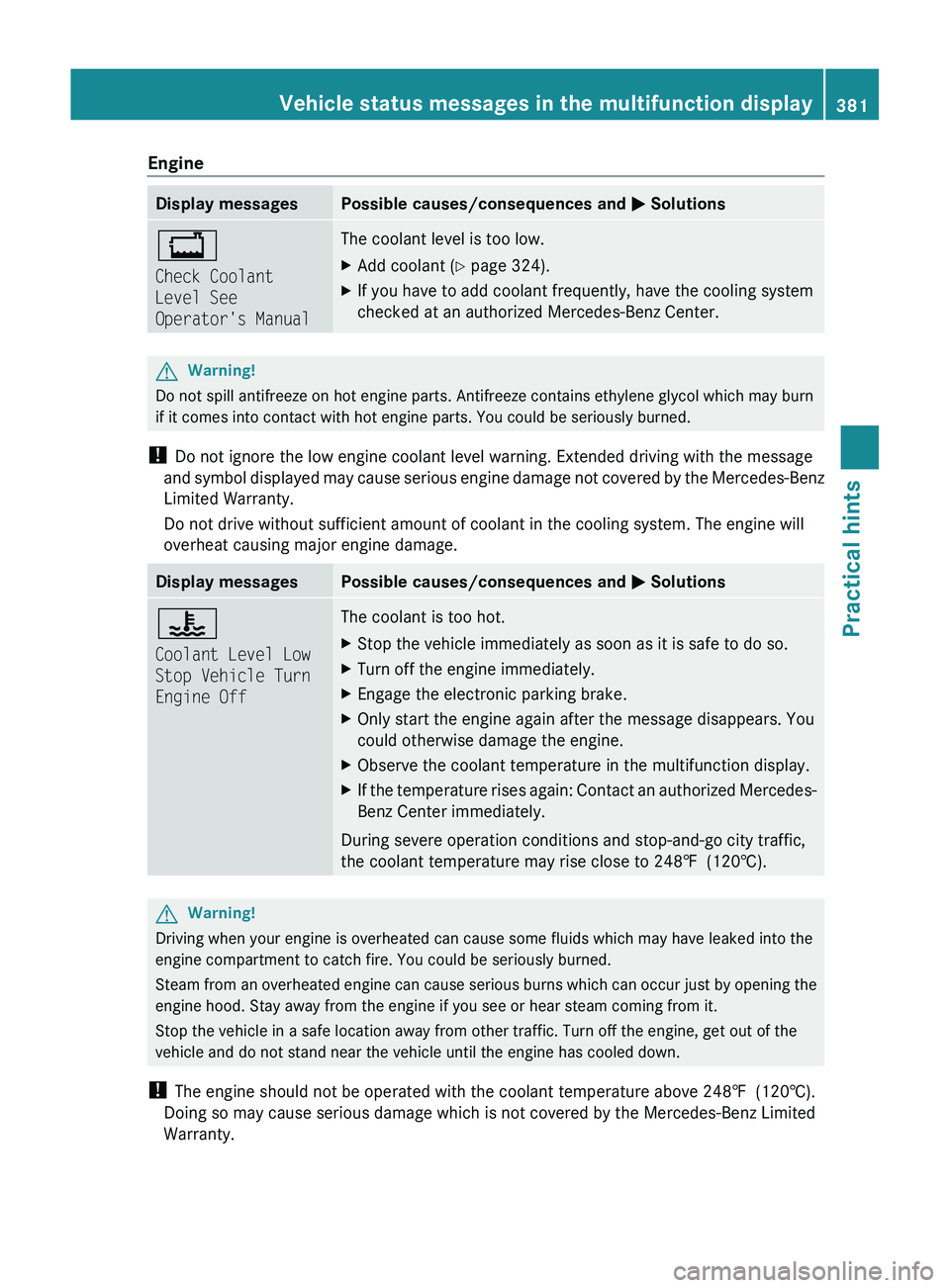 MERCEDES-BENZ SLS AMG 2011  Owners Manual EngineDisplay messagesPossible causes/consequences and 0050 Solutions00BF
Check Coolant 
Level See 
Operator's ManualThe coolant level is too low.  XAdd coolant ( Y page 324).XIf you have to add c