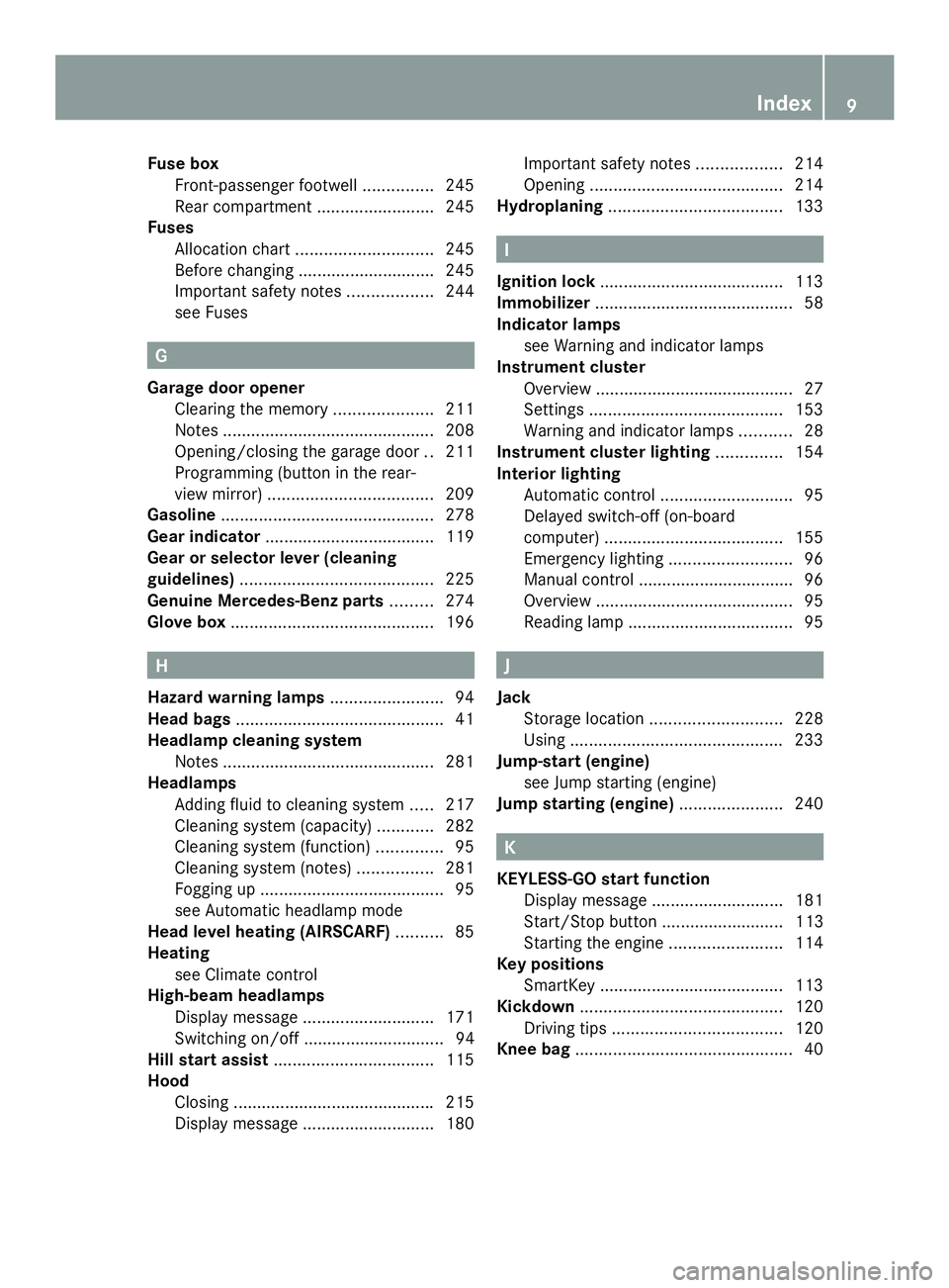 MERCEDES-BENZ SLS AMG 2013  Owners Manual Fuse box
Front-passenger footwell ...............245
Rear compartment .........................245
Fuses
Allocation chart ............................. 245
Before changing ............................