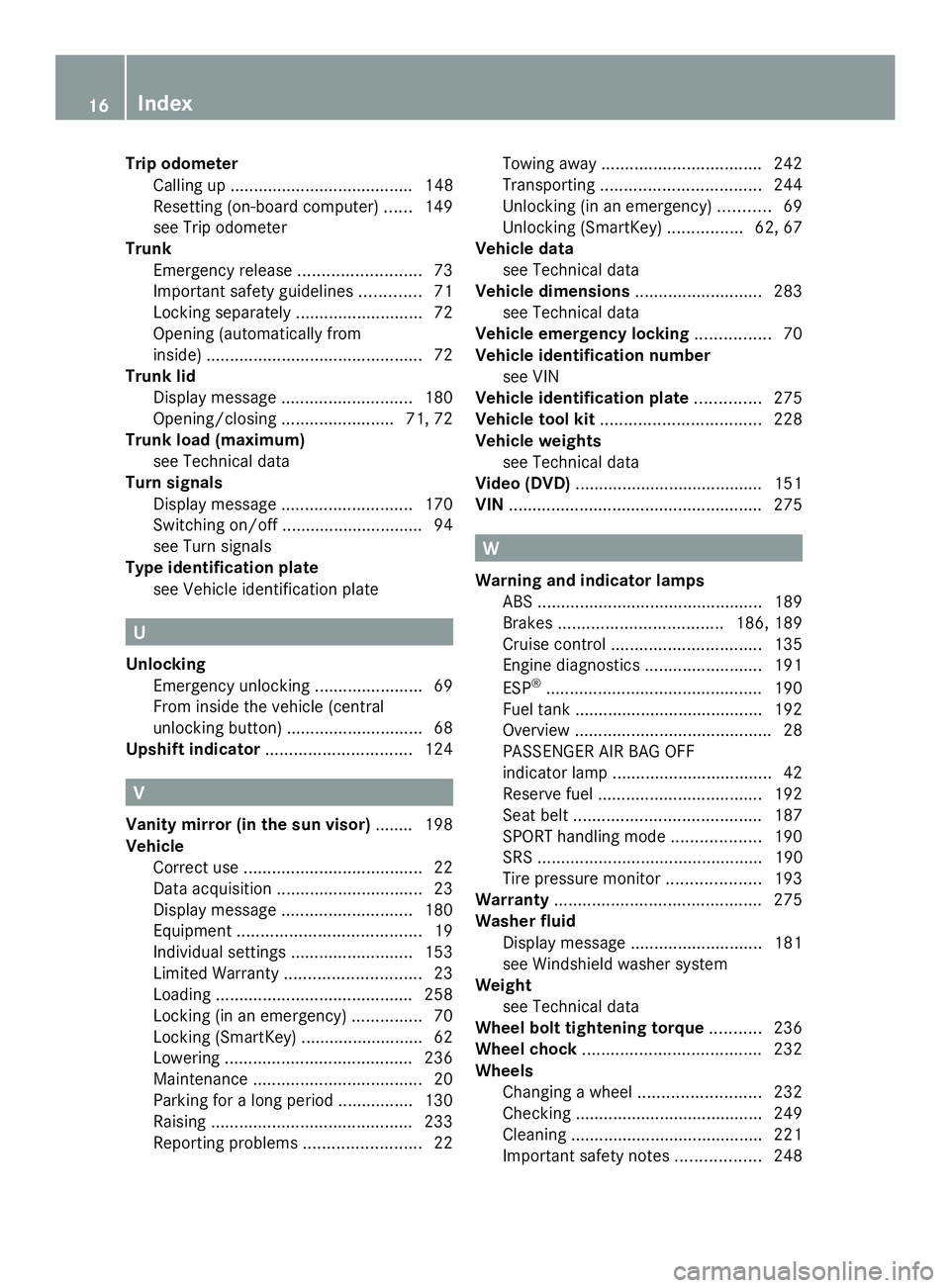 MERCEDES-BENZ SLS AMG 2013  Owners Manual Trip odometer
Calling up ....................................... 148
Resetting (on-board computer) ......149
see Trip odometer
Trunk
Emergency release ..........................73
Important safety gui