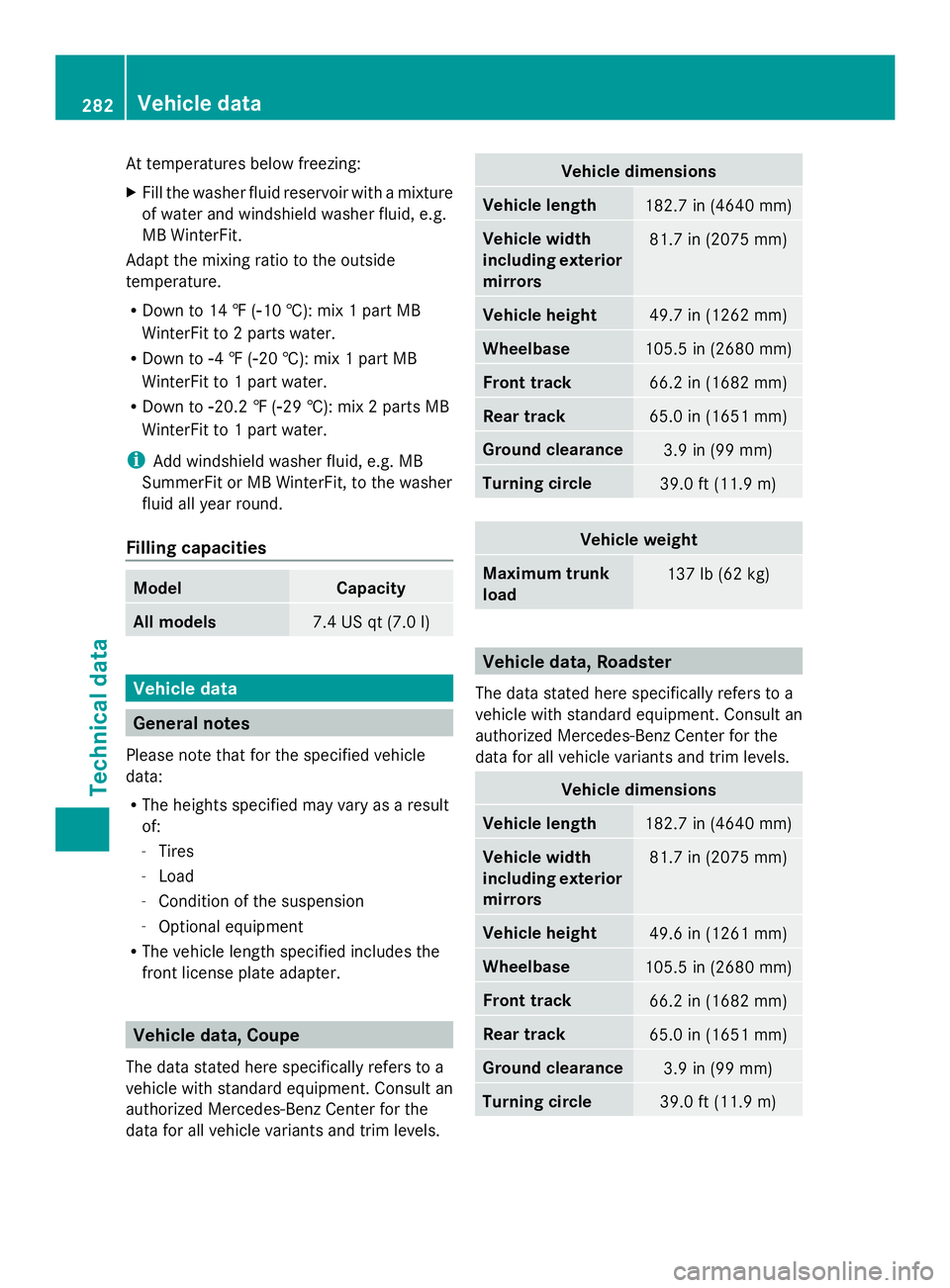 MERCEDES-BENZ SLS AMG 2013  Owners Manual At temperatures below freezing:
X
Fill the washer fluid reservoir with a mixture
of water and windshield washer fluid, e.g.
MB WinterFit.
Adapt the mixing ratio to the outside
temperature.
R Down to 1