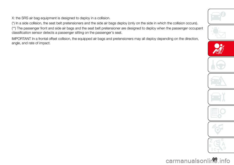 Abarth 124 Spider 2016 Owner handbook (in English) IMPORTANT In a frontal offset collision, the equipped air bags and pretensioners may all deploy depending on the direction,
angle, and rate of impact.
99
X: the SRS air bag equipment is designed to de Abarth 124 Spider 2016 Owner handbook (in English) IMPORTANT In a frontal offset collision, the equipped air bags and pretensioners may all deploy depending on the direction,
angle, and rate of impact.
99
X: the SRS air bag equipment is designed to de