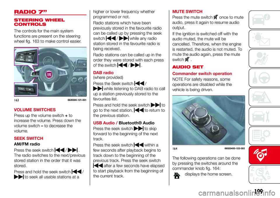 Abarth 124 Spider 2016  Owner handbook (in English) RADIO 7”
STEERING WHEEL
CONTROLS
The controls for the main system
functions are present on the steering
wheel fig. 163 to make control easier.
VOLUME SWITCHES
Press up the volume switch+to
increase 