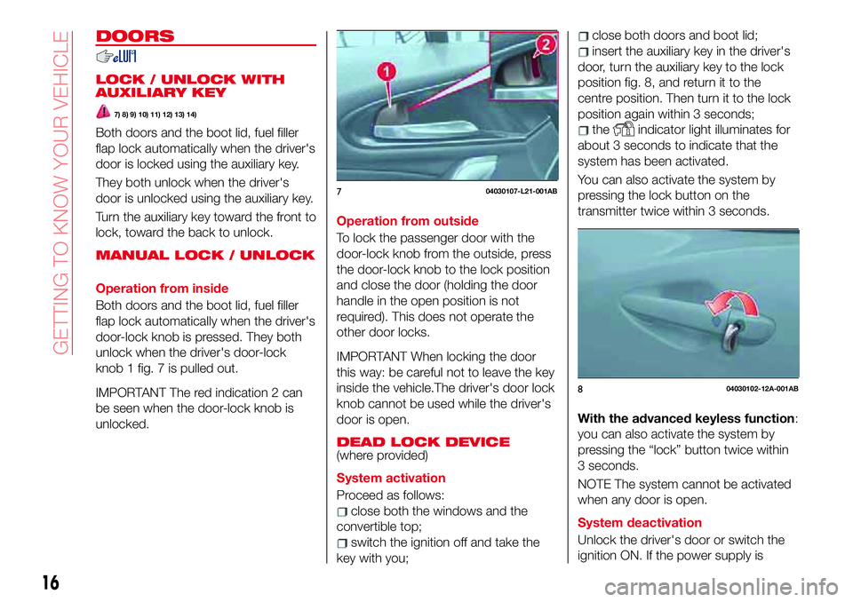 Abarth 124 Spider 2017  Owner handbook (in English) DOORS
LOCK / UNLOCK WITH
AUXILIARY KEY
7) 8) 9) 10) 11) 12) 13) 14)
Both doors and the boot lid, fuel filler
flap lock automatically when the driver's
door is locked using the auxiliary key.
They 