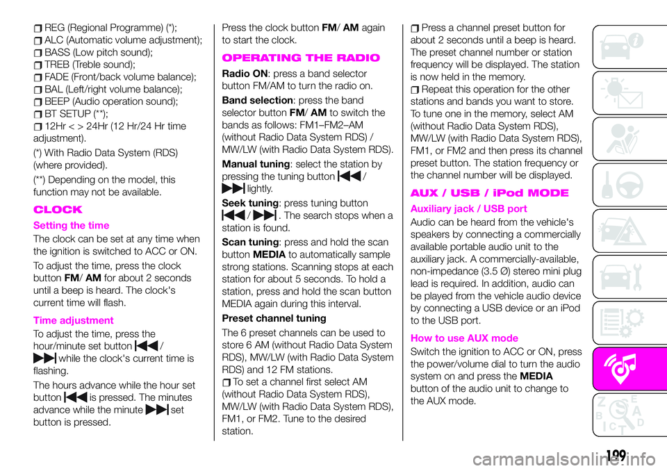 Abarth 124 Spider 2021 Owner handbook (in English) REG (Regional Programme) (*);
ALC (Automatic volume adjustment);
BASS (Low pitch sound);
TREB (Treble sound);
FADE (Front/back volume balance);
BAL (Left/right volume balance);
BEEP (Audio operation s Abarth 124 Spider 2021 Owner handbook (in English) REG (Regional Programme) (*);
ALC (Automatic volume adjustment);
BASS (Low pitch sound);
TREB (Treble sound);
FADE (Front/back volume balance);
BAL (Left/right volume balance);
BEEP (Audio operation s