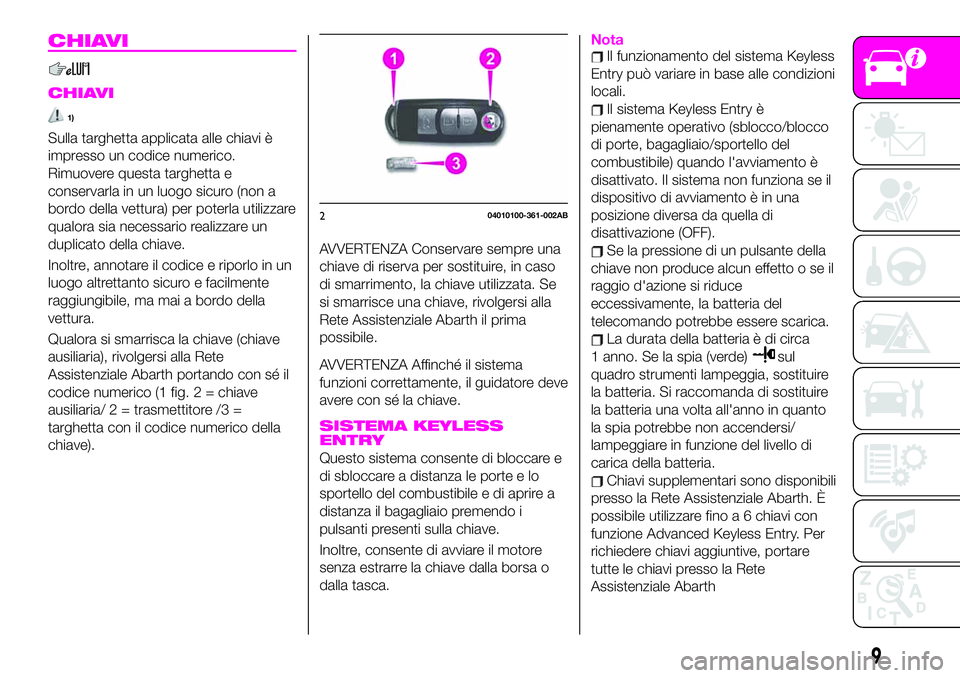 Abarth 124 Spider 2020 Libretto Uso Manutenzione (in Italian) CHIAVI
CHIAVI
1)
Sulla targhetta applicata alle chiavi è
impresso un codice numerico.
Rimuovere questa targhetta e
conservarla in un luogo sicuro (non a
bordo della vettura) per poterla utilizzare
qu Abarth 124 Spider 2020 Libretto Uso Manutenzione (in Italian) CHIAVI
CHIAVI
1)
Sulla targhetta applicata alle chiavi è
impresso un codice numerico.
Rimuovere questa targhetta e
conservarla in un luogo sicuro (non a
bordo della vettura) per poterla utilizzare
qu