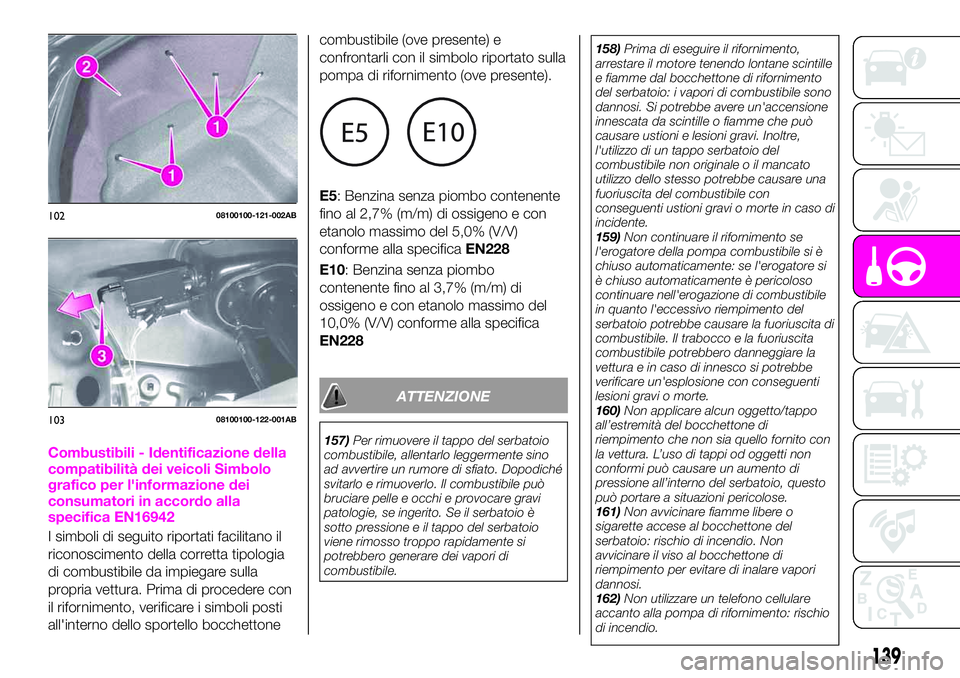 Abarth 124 Spider 2020 Libretto Uso Manutenzione (in Italian) Combustibili - Identificazione della
compatibilità dei veicoli Simbolo
grafico per l'informazione dei
consumatori in accordo alla
specifica EN16942
I simboli di seguito riportati facilitano il
ri Abarth 124 Spider 2020 Libretto Uso Manutenzione (in Italian) Combustibili - Identificazione della
compatibilità dei veicoli Simbolo
grafico per l'informazione dei
consumatori in accordo alla
specifica EN16942
I simboli di seguito riportati facilitano il
ri