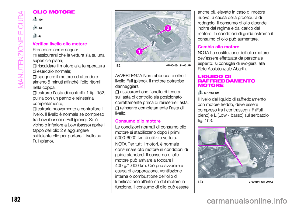 Abarth 124 Spider 2020 Libretto Uso Manutenzione (in Italian) OLIO MOTORE
196)
40)
4)
Verifica livello olio motore
Procedere come segue:
assicurarsi che la vettura sia su una
superficie piana;
riscaldare il motore alla temperatura
di esercizio normale;
spegnere Abarth 124 Spider 2020 Libretto Uso Manutenzione (in Italian) OLIO MOTORE
196)
40)
4)
Verifica livello olio motore
Procedere come segue:
assicurarsi che la vettura sia su una
superficie piana;
riscaldare il motore alla temperatura
di esercizio normale;
spegnere