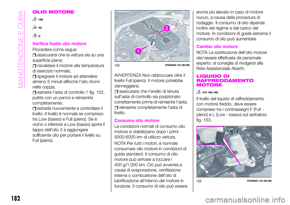 Abarth 124 Spider 2019  Libretto Uso Manutenzione (in Italian) OLIO MOTORE
196)
40)
4)
Verifica livello olio motore
Procedere come segue:
assicurarsi che la vettura sia su una
superficie piana;
riscaldare il motore alla temperatura
di esercizio normale;
spegnere 