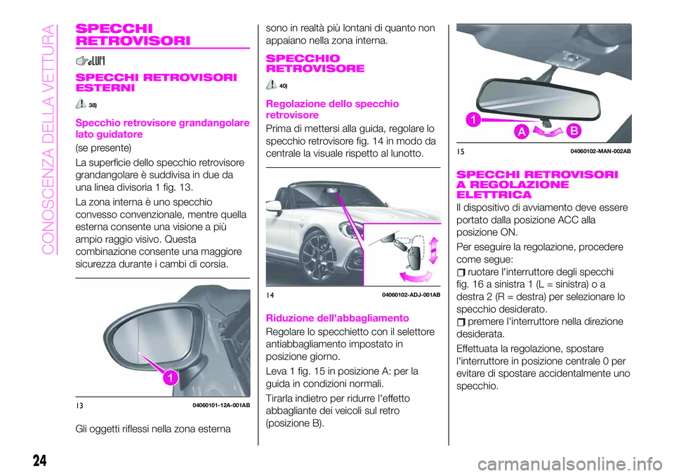 Abarth 124 Spider 2020 Libretto Uso Manutenzione (in Italian) SPECCHI
RETROVISORI
SPECCHI RETROVISORI
ESTERNI
38)
Specchio retrovisore grandangolare
lato guidatore
(se presente)
La superficie dello specchio retrovisore
grandangolare è suddivisa in due da
una li Abarth 124 Spider 2020 Libretto Uso Manutenzione (in Italian) SPECCHI
RETROVISORI
SPECCHI RETROVISORI
ESTERNI
38)
Specchio retrovisore grandangolare
lato guidatore
(se presente)
La superficie dello specchio retrovisore
grandangolare è suddivisa in due da
una li