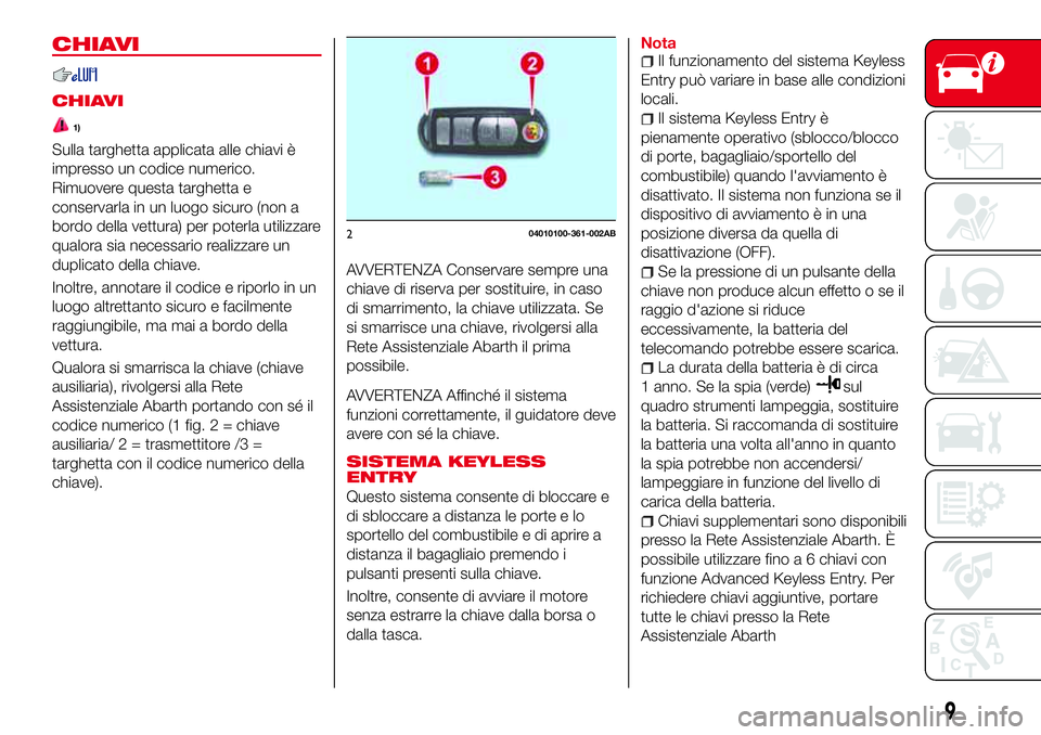 Abarth 124 Spider 2016 Libretto Uso Manutenzione (in Italian) CHIAVI
CHIAVI
1)
Sulla targhetta applicata alle chiavi è
impresso un codice numerico.
Rimuovere questa targhetta e
conservarla in un luogo sicuro (non a
bordo della vettura) per poterla utilizzare
qu Abarth 124 Spider 2016 Libretto Uso Manutenzione (in Italian) CHIAVI
CHIAVI
1)
Sulla targhetta applicata alle chiavi è
impresso un codice numerico.
Rimuovere questa targhetta e
conservarla in un luogo sicuro (non a
bordo della vettura) per poterla utilizzare
qu