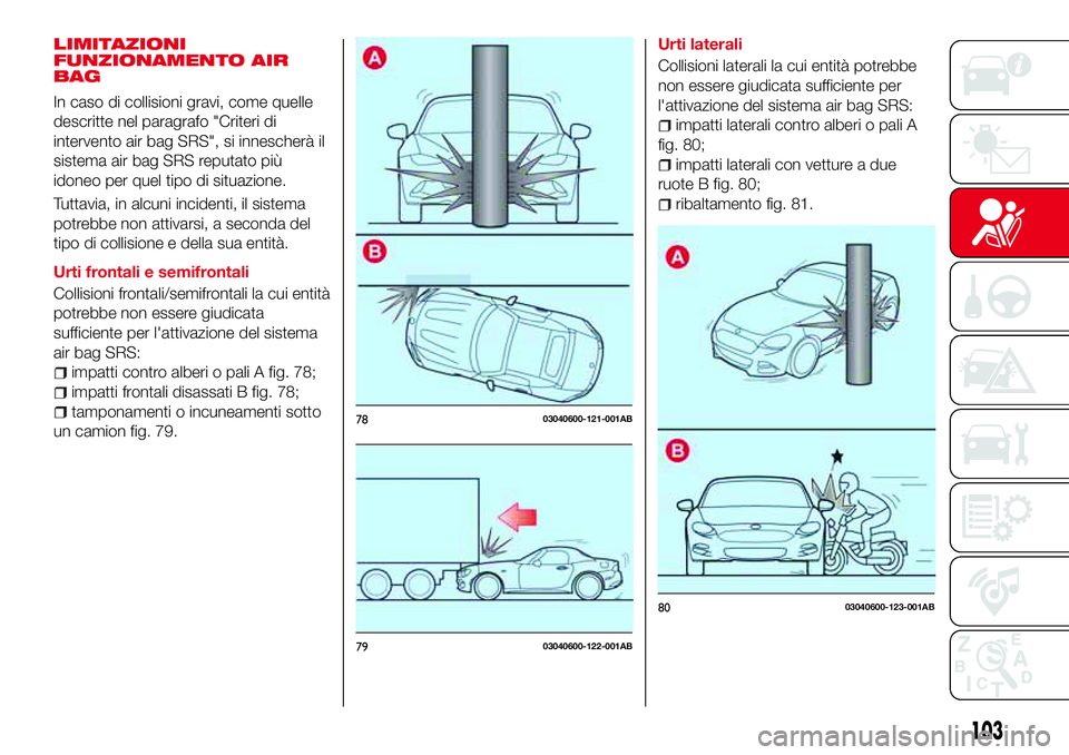 Abarth 124 Spider 2016  Libretto Uso Manutenzione (in Italian) LIMITAZIONI
FUNZIONAMENTO AIR
BAG
In caso di collisioni gravi, come quelle
descritte nel paragrafo "Criteri di
intervento air bag SRS", si innescherà il
sistema air bag SRS reputato più
idon